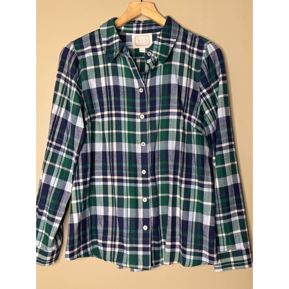 Sail to Sable STS Womens Green Navy Plaid Cotton Button Down Shirt Size M